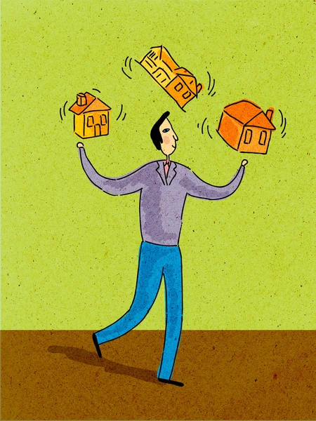 Człowiek żonglerka trzy domy — Zdjęcie stockowe