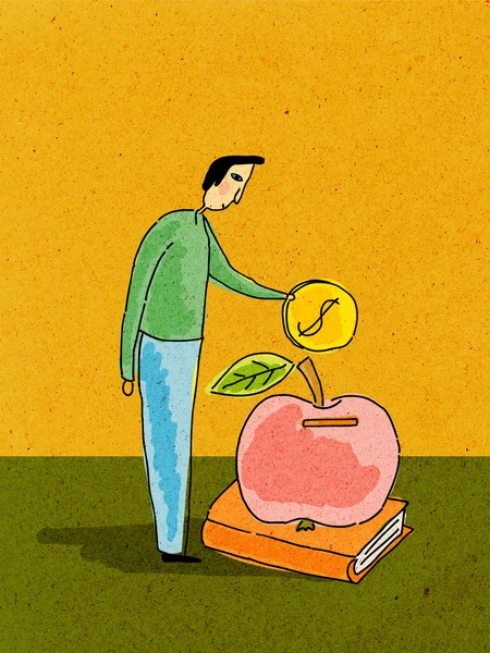 Een man die munt inbedrijfstelling van een appel op een boek — Stockfoto