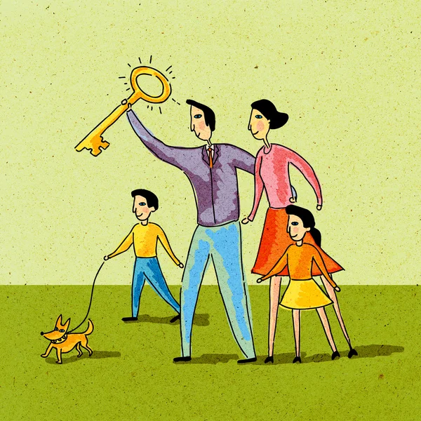 Família segurando uma chave de ouro e passeando seu cão — Fotografia de Stock