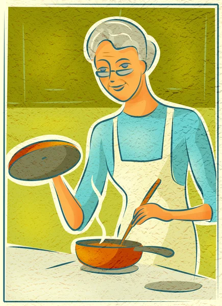 Μια ηλικιωμένη γυναίκα μαγείρεμα στη σόμπα — Φωτογραφία Αρχείου