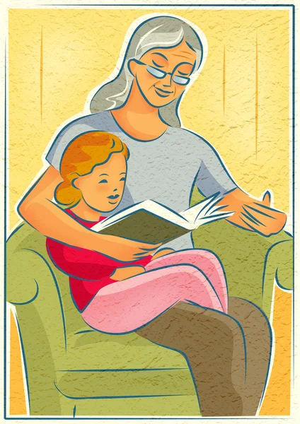 Eine ältere Frau liest mit einem jungen Mädchen ein Buch — Stockfoto
