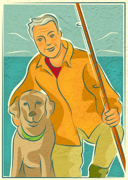 Starší muž se psem a rybářský prut do vody — Stock fotografie