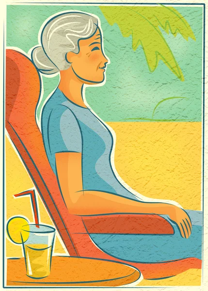 Una anciana relajándose en una silla al aire libre con una bebida —  Fotos de Stock