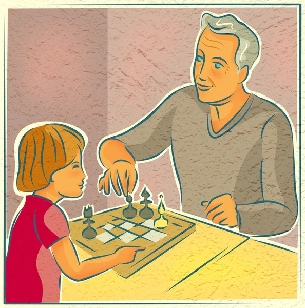 Ein älterer Mann spielt Schach mit einem kleinen Kind — Stockfoto