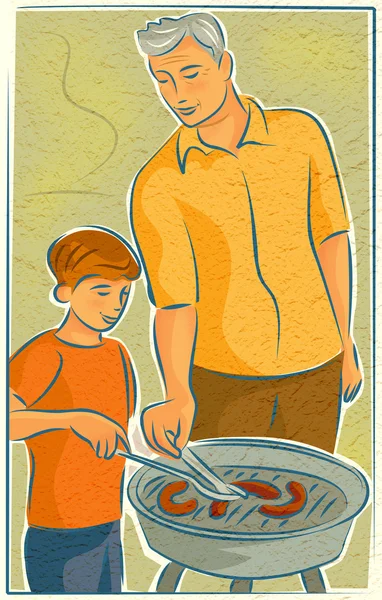 Een oudere man barbecueën met een jonge jongen — Stockfoto