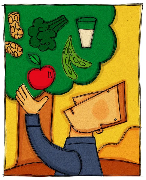 Un hombre recogiendo una manzana de un árbol lleno de diferentes alimentos gr —  Fotos de Stock
