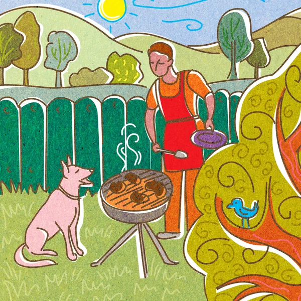 Człowiek grillowanie w ogrodzie z psem — Zdjęcie stockowe