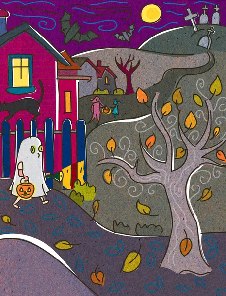 Ein Kind, das als Geistertrick verkleidet ist oder an Halloween behandelt wird — Stockfoto