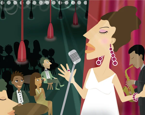 En kvinna som sjunger i en nattklubb med en publik — Stockfoto