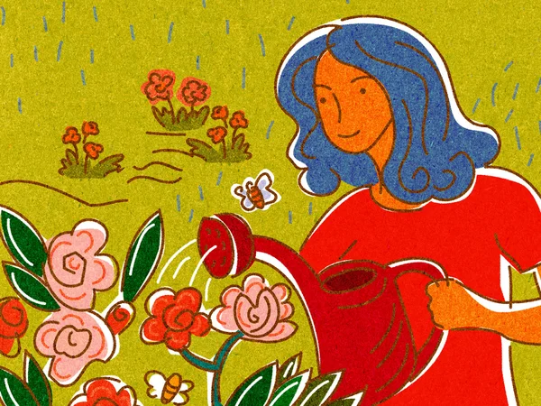 Kobieta, podlewanie kwiatów z konewki — Zdjęcie stockowe