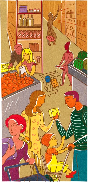 Ilustración de una mujer comprando albaricoques en una tienda de comestibles —  Fotos de Stock