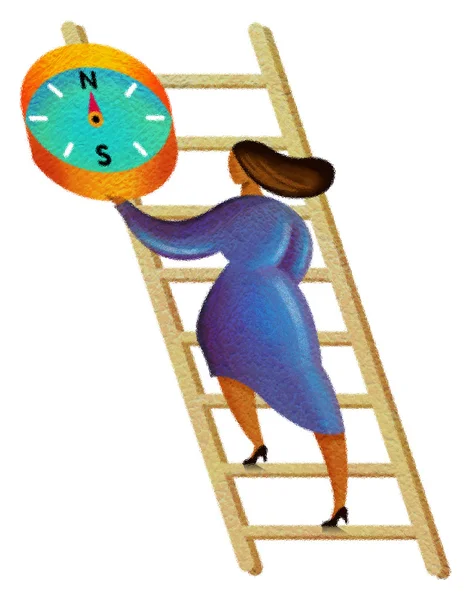 Illustration of a woman climbing a ladder with a compass — Stock Photo, Image
