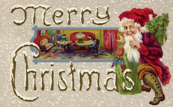Vintage kartki świąteczne santa Claus czeka na dzieci t — Zdjęcie stockowe