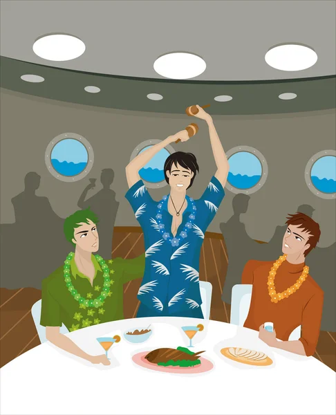 三名男子在一条游轮上的饭桌上船 免版税图库图片