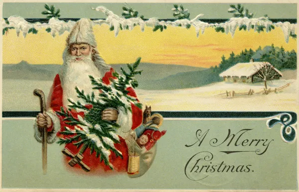 눈 덮인 겨울 장면에서 산타 클로스의 빈티지 크리스마스 카드 스톡 사진