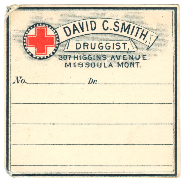 Una etiqueta de medicina vintage de una farmacia Imagen de archivo