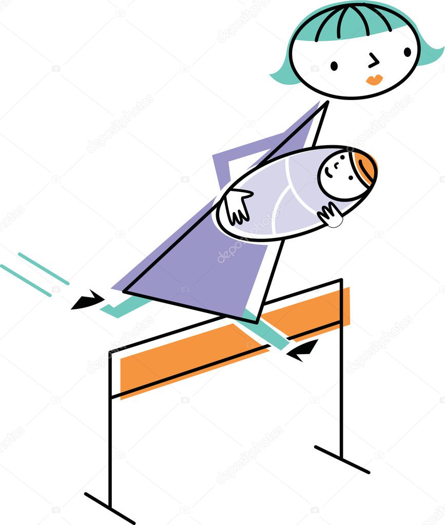 Woman carrying baby jumping over hurdle