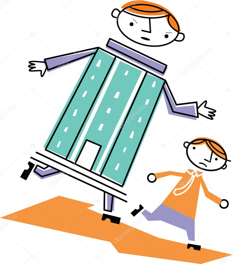 Man with building for body chasing boy