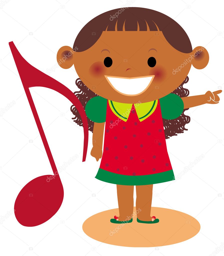 A young girl pointing holding a large musical note