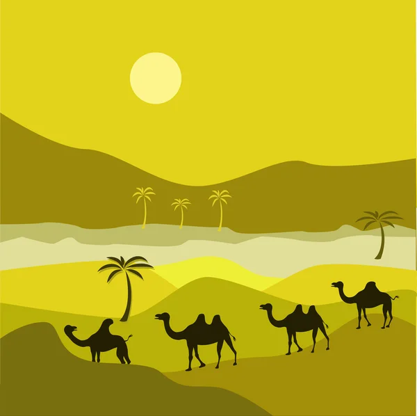 Camels yellow desert — Stock Vector