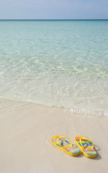 Egy pár Flip papucs a tengerparton homok-víz előtt — Stock Fotó