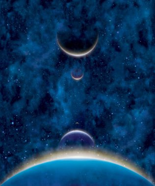 Earth heavenly bodies celestial bodies with color lines above in blue stars space background clipart