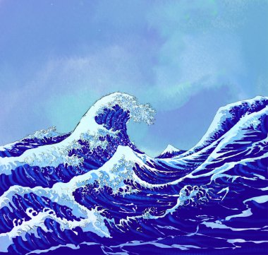 Japanese sea waves with blue sky clipart