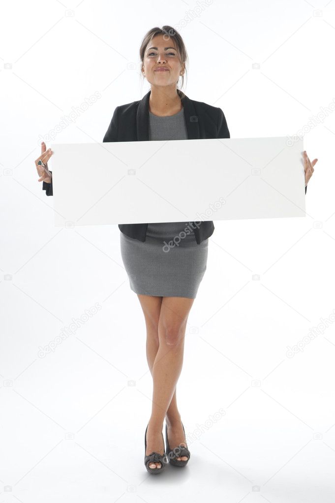 Woman showing great promotion, with horizontal sign