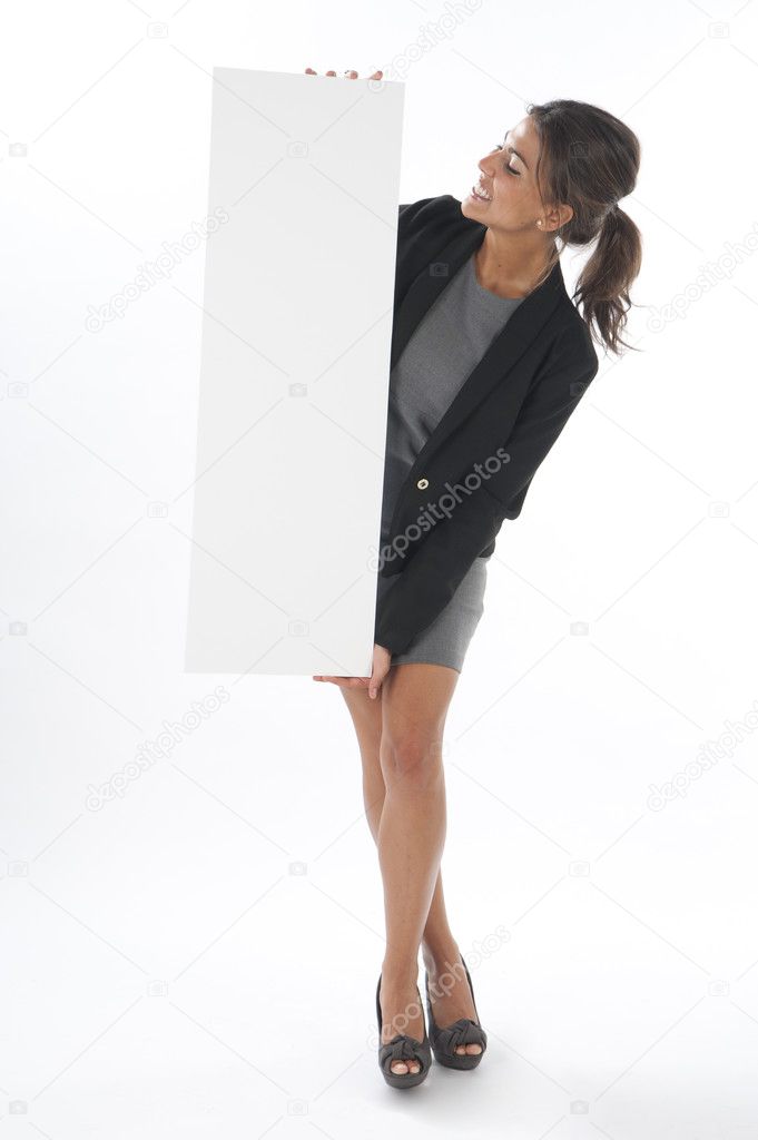 Woman reading great promotion on vertical sign