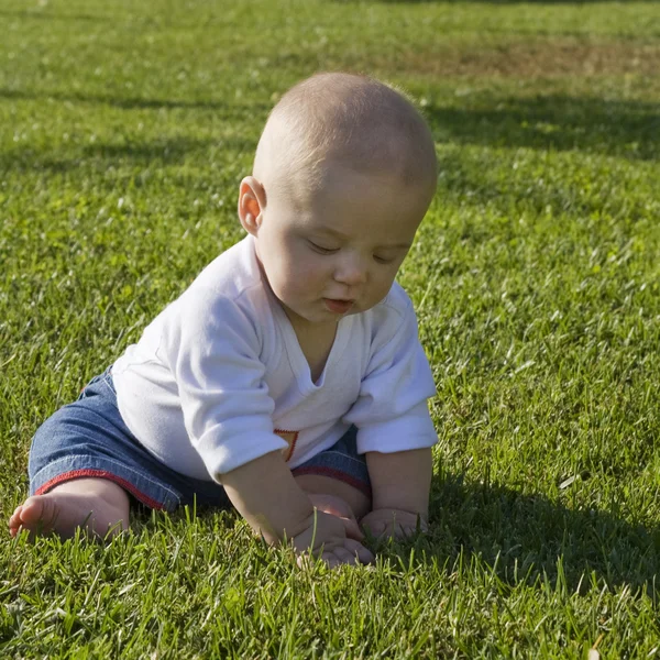 Bebé sentado en la hierba jugando — Foto de Stock