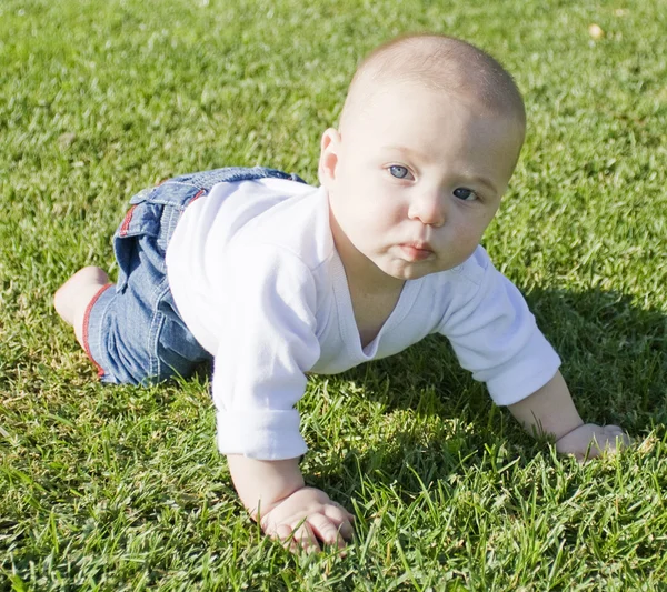 Baby sitting on grass playing — Stock Photo, Image
