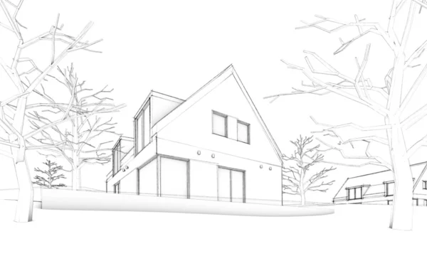 Sketch of modern house on hill – situation — Stock Photo, Image