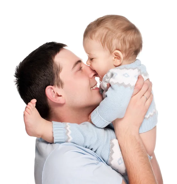 Счастливый отец с ребенком, изолированным на белом Стоковое Фото