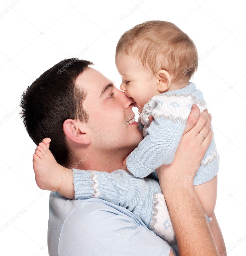 Happy father with a baby isolated on a white