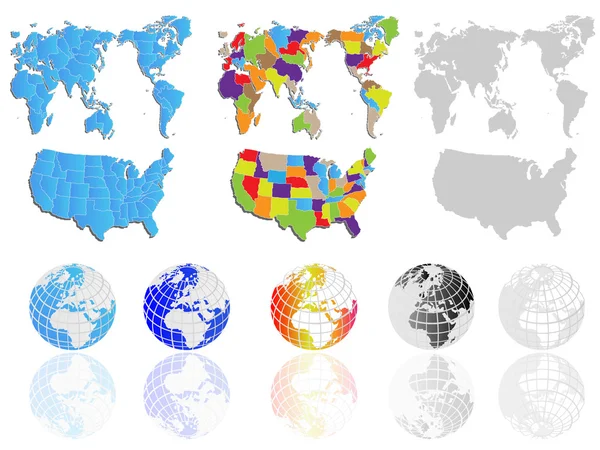Mapa do mundo e globos da Terra — Vetor de Stock