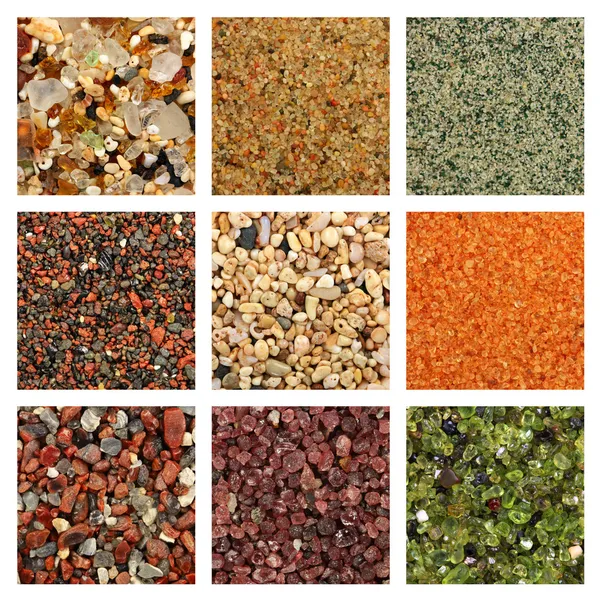 Collage di campioni di sabbia colorata Foto Stock