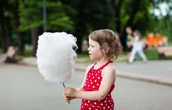 Hermosa niña comiendo algodón de azúcar en el parque — Foto de Stock