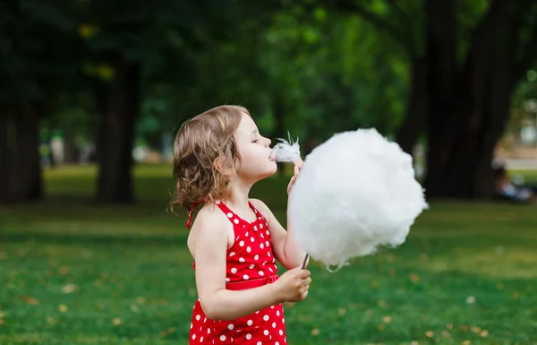 Beautiful little girl eating cotton candy in the park — Stock Photo, Image
