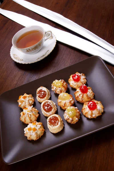 stock image Delicious pastries on the brown table