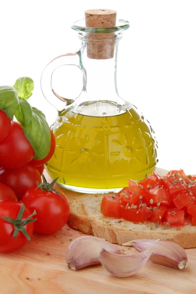 stock image Typical mediterranean food whit bread garlic tomato end basil