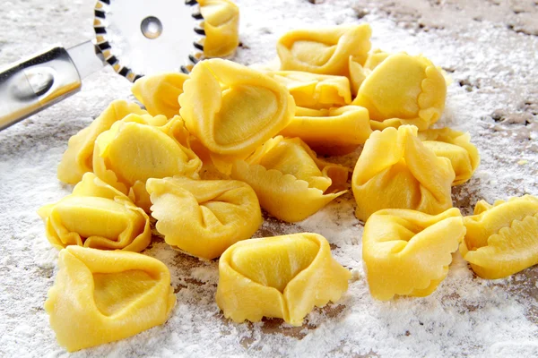 Fresh tortellini handmade on the table — Stock Photo, Image