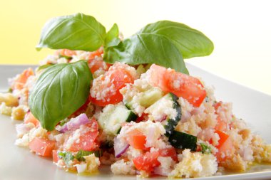 Closeup whit panzanella tomato basil end oil clipart