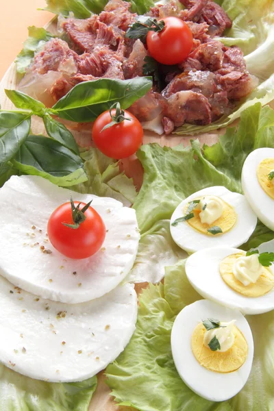 Food composition mozzarella tomato eggs and meat — Stock Photo, Image