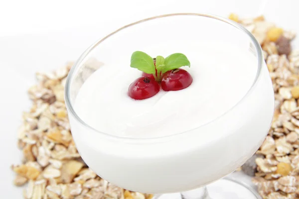Joghurt mit Beeren und Müsli auf weißem Hintergrund — Stockfoto
