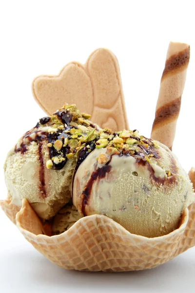 Pistachio ice cream on a white background — Stock Photo, Image