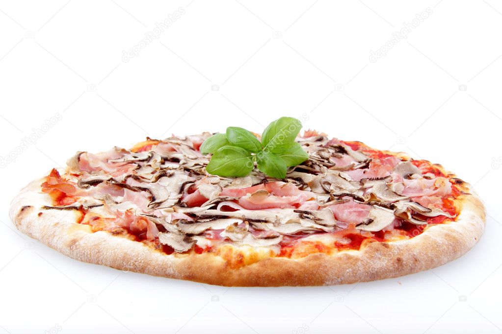 Pizza with ham end mushrooms on a white background