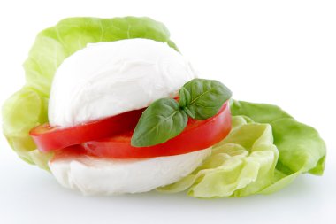 mozzarella ve domates ile damla beyaz zemin üzerine balsamik