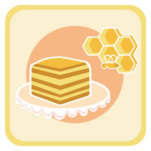 Piece of honey cake and bee on honeycomb — Stock Vector
