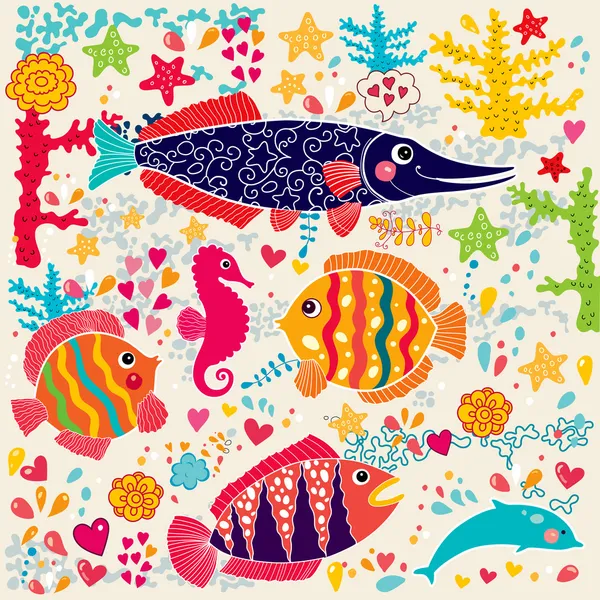 Vector wallpaper with fish and marine life — Stock Vector