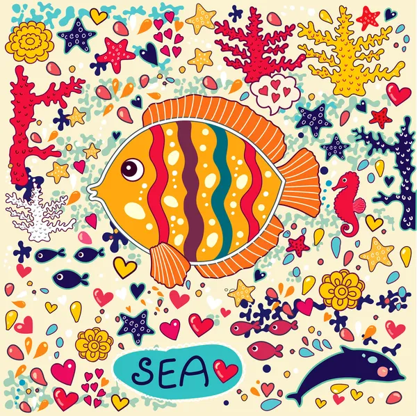 魚と海洋生物のベクトルの壁紙 — ストックベクタ